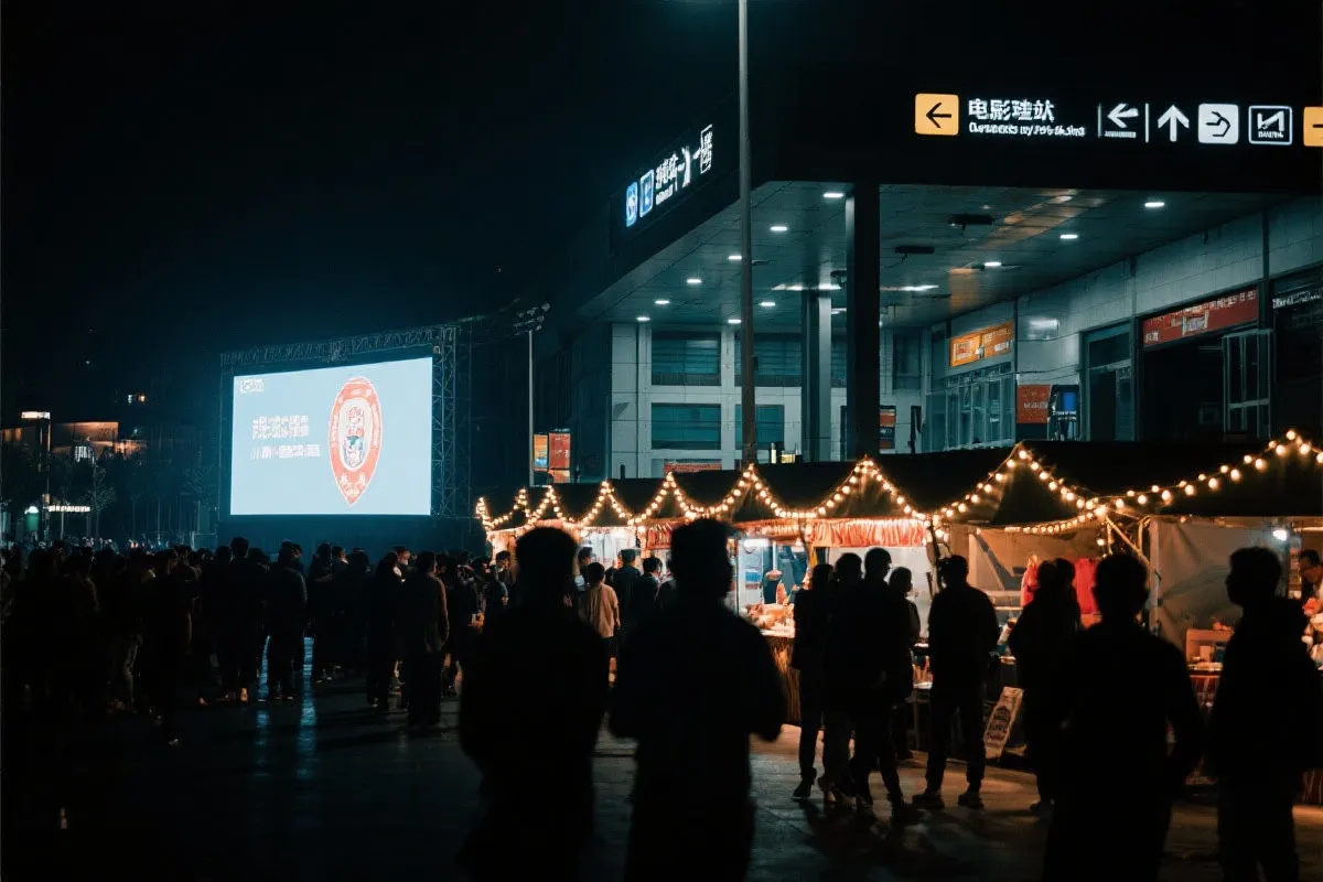 费城球迷广场夜景：大屏观赛人群、步行指示牌与公共交通入口